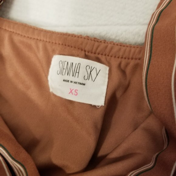 Sienna Sky Long Romper Pinstriped Nude Pink Wide Leg, Tie Waist, Flowy, Wrap Top - Picture 5 of 11